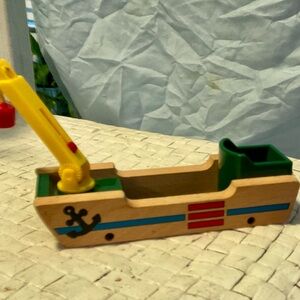 Wooden Toy Ship with Yellow Crane